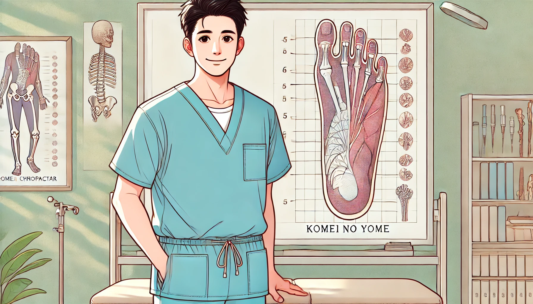 足底筋膜炎02 DALL·E 2024-12-23 13.15.17 – A full-color illustration in the style reminiscent of ‘Komei no Yome,’ showing a 40-year-old male chiropractor wearing a medical scrub (no tie). He is