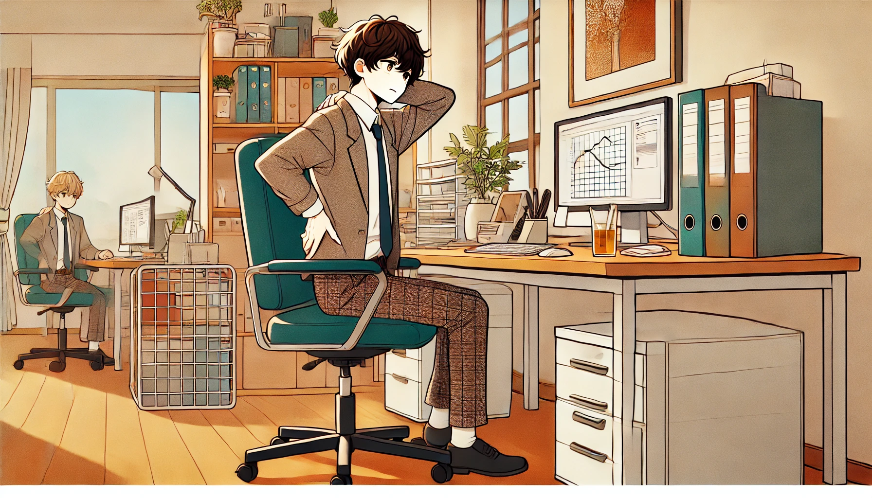 ぎっくり背中01 DALL·E 2024-12-23 11.41.19 – A full-color illustration in the style reminiscent of ‘Komei no Yome,’ featuring a character working at a desk in an office setting. The character has